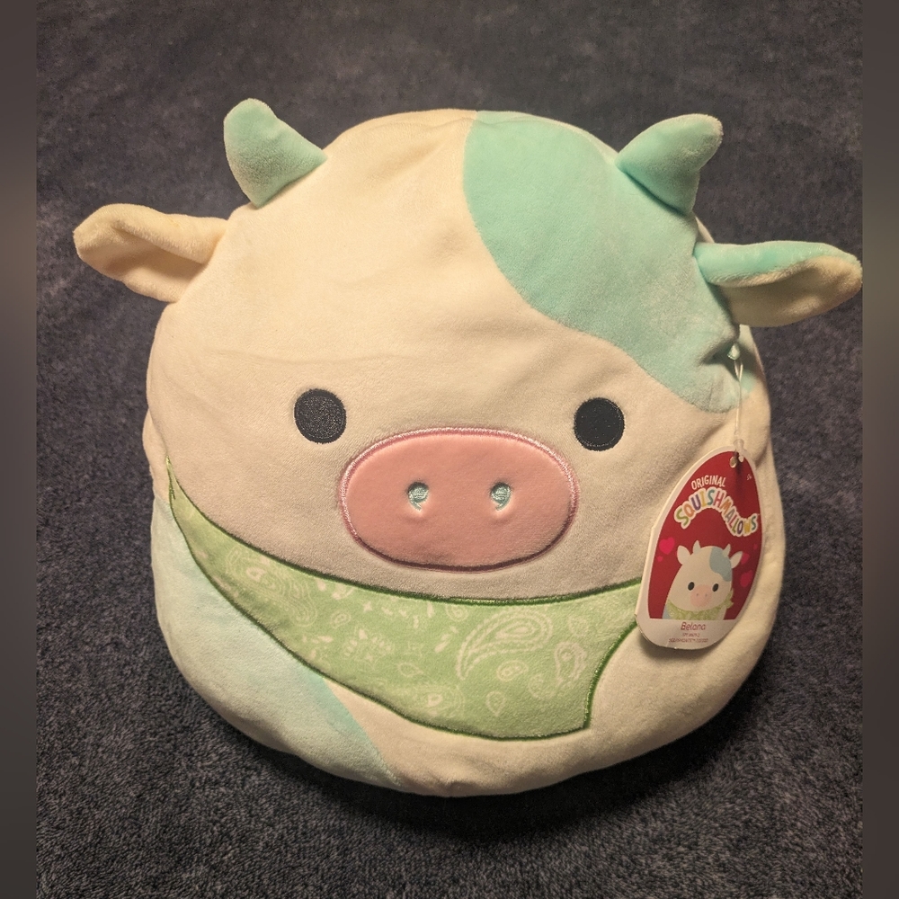 Squishmallow cow named Belana on tag, blue and cream 12"